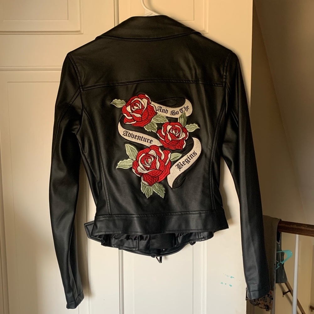 Leather Jacket with Rose Embroidery on Back